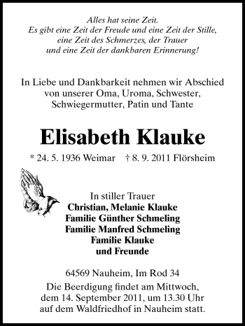 Traueranzeige von Elisabeth Klauke von Rüsselsheimer Echo, Groß-Gerauer-Echo, Ried Echo