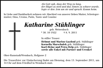 Traueranzeige von Katharine Stühlinger von Darmstädter Echo, Odenwälder Echo, Rüsselsheimer Echo, Groß-Gerauer-Echo, Ried Echo