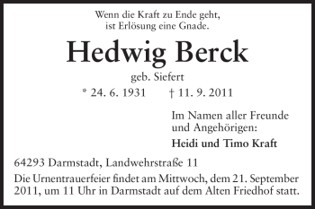 Traueranzeige von Hedwig Berck von Echo-Zeitungen (Gesamtausgabe)