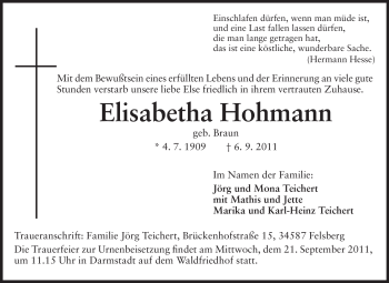 Traueranzeige von Elisabetha Hohmann von Echo-Zeitungen (Gesamtausgabe)