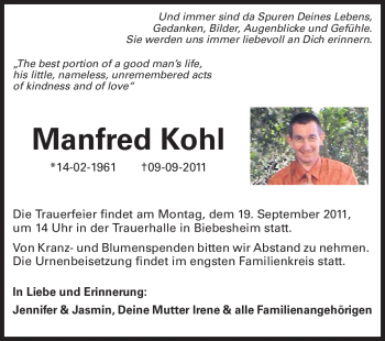 Traueranzeige von Manfred Kohl von Echo-Zeitungen (Gesamtausgabe)