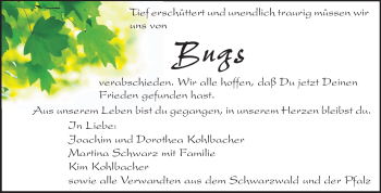 Traueranzeige von Markus (Bugs) Kohlbacher von Darmstädter Echo, Odenwälder Echo, Rüsselsheimer Echo, Groß-Gerauer-Echo, Ried Echo