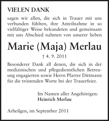 Traueranzeige von Marie (Maja) Merlau von Echo-Zeitungen (Gesamtausgabe)