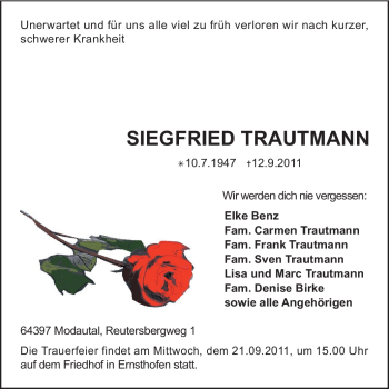 Traueranzeige von Siegfried Trautmann von Darmstädter Echo, Odenwälder Echo, Rüsselsheimer Echo, Groß-Gerauer-Echo, Ried Echo