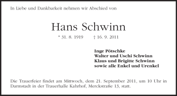 Traueranzeige von Hans Schwinn von Darmstädter Echo, Odenwälder Echo, Rüsselsheimer Echo, Groß-Gerauer-Echo, Ried Echo