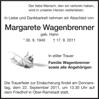 Traueranzeige von Margarete Wagenbrenner von Darmstädter Echo, Odenwälder Echo, Rüsselsheimer Echo, Groß-Gerauer-Echo, Ried Echo