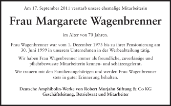 Traueranzeige von Margarete Wagenbrenner von Echo-Zeitungen (Gesamtausgabe)