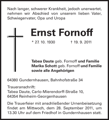 Traueranzeige von Ernst Fornoff von Echo-Zeitungen (Gesamtausgabe)