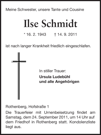 Traueranzeige von Ilse Schmidt von Odenwälder Echo