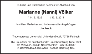 Traueranzeige von Marianne Völker von Darmstädter Echo, Odenwälder Echo, Rüsselsheimer Echo, Groß-Gerauer-Echo, Ried Echo