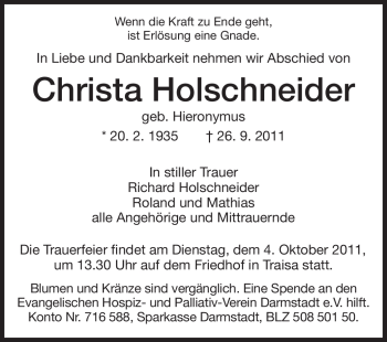 Traueranzeige von Christa Holschneider von Echo-Zeitungen (Gesamtausgabe)