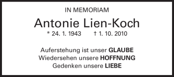 Traueranzeige von Antonie Lien-Koch von Odenwälder Echo