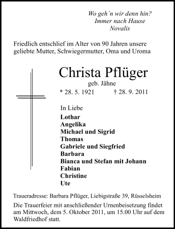Traueranzeige von Christa Pflüger von Rüsselsheimer Echo, Groß-Gerauer-Echo, Ried Echo