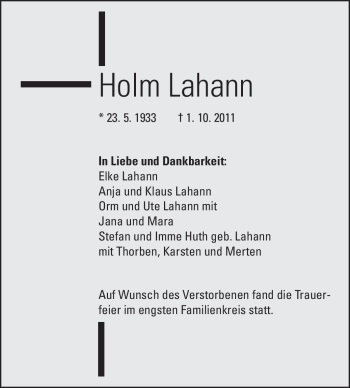 Traueranzeige von Holm Lahann von Darmstädter Echo, Odenwälder Echo, Rüsselsheimer Echo, Groß-Gerauer-Echo, Ried Echo