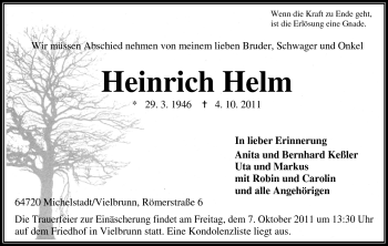 Traueranzeige von Heinrich Helm von Odenwälder Echo