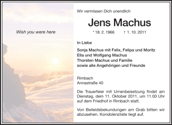 Traueranzeige von Jens Machus von Starkenburger Echo, Bergsträßer Anzeiger