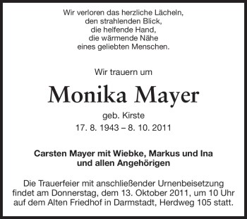 Traueranzeige von Monika Mayer von Echo-Zeitungen (Gesamtausgabe)