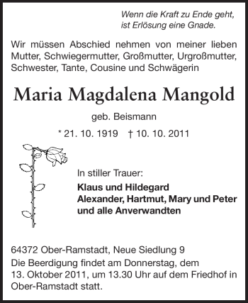 Traueranzeige von Maria Magdalena Mangold von Echo-Zeitungen (Gesamtausgabe)