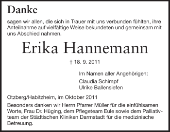 Traueranzeige von Erika Hannemann von Darmstädter Echo, Odenwälder Echo, Rüsselsheimer Echo, Groß-Gerauer-Echo, Ried Echo