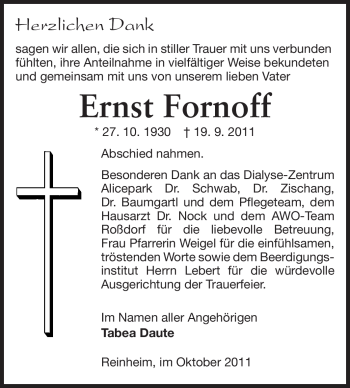 Traueranzeige von Ernst Fornoff von Echo-Zeitungen (Gesamtausgabe)