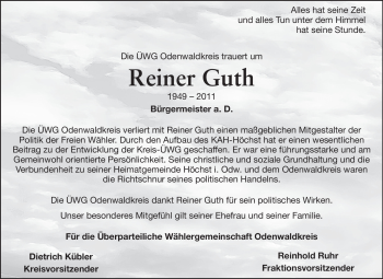 Traueranzeige von Reiner Guth von Odenwälder Echo