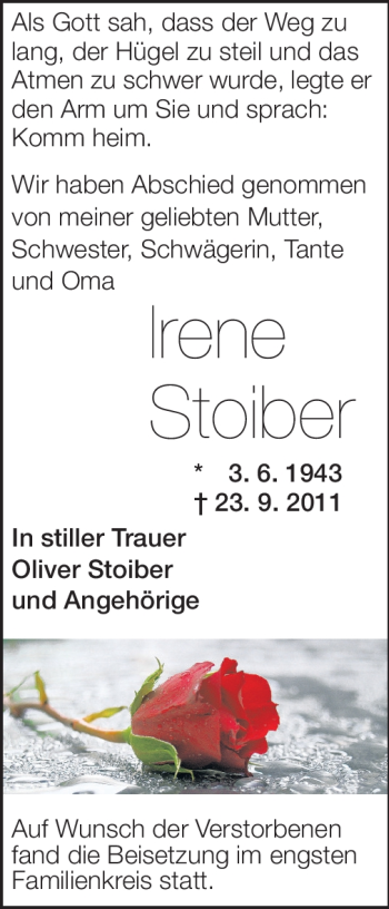 Traueranzeige von Irene Stoiber von Echo-Zeitungen (Gesamtausgabe)