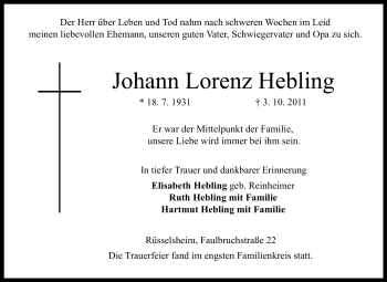 Traueranzeige von Johann Lorenz Hebling von Rüsselsheimer Echo, Groß-Gerauer-Echo, Ried Echo
