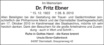 Traueranzeige von Dr. Fritz Ebner von Darmstädter Echo, Odenwälder Echo, Rüsselsheimer Echo, Groß-Gerauer-Echo, Ried Echo