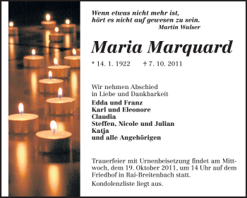 Traueranzeige von Maria Marquard von Odenwälder Echo