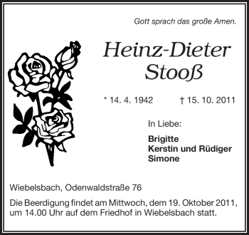 Traueranzeige von Heinz-Dieter Stooß von Echo-Zeitungen (Gesamtausgabe)