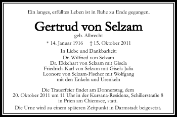 Traueranzeige von Gertrud von Selzam von Echo-Zeitungen (Gesamtausgabe)