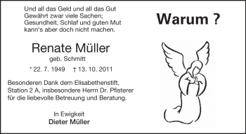 Traueranzeige von Renate Müller von Darmstädter Echo, Odenwälder Echo, Rüsselsheimer Echo, Groß-Gerauer-Echo, Ried Echo