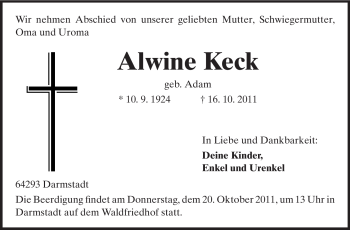 Traueranzeige von Alwine Keck von Echo-Zeitungen (Gesamtausgabe)