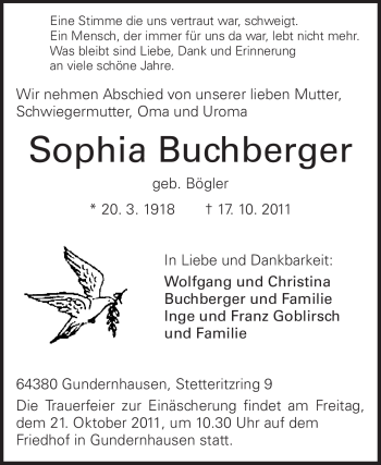 Traueranzeige von Sophia Buchberger von Echo-Zeitungen (Gesamtausgabe)