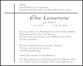 Traueranzeige von Else Lewerenz von Darmstädter Echo, Odenwälder Echo, Rüsselsheimer Echo, Groß-Gerauer-Echo, Ried Echo