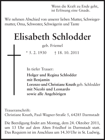 Traueranzeige von Elisabeth Schlodder von Echo-Zeitungen (Gesamtausgabe)