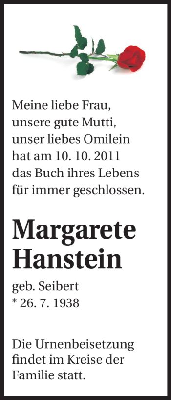 Traueranzeige von Margarete Hanstein von Echo-Zeitungen (Gesamtausgabe)