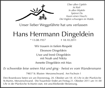 Traueranzeige von Hans Herrmann Dingeldein von Rüsselsheimer Echo, Groß-Gerauer-Echo, Ried Echo