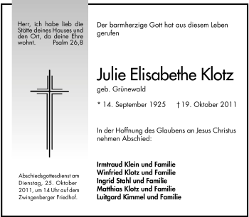 Traueranzeige von Julie Elisabethe Klotz von Odenwälder Echo
