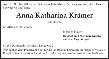 Traueranzeige von Anna Katharina Krämer von Echo-Zeitungen (Gesamtausgabe)