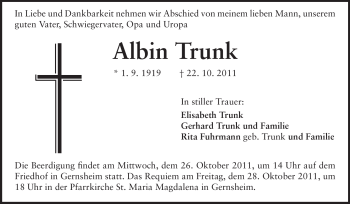 Traueranzeige von Albin Trunk von Rüsselsheimer Echo, Groß-Gerauer-Echo, Ried Echo