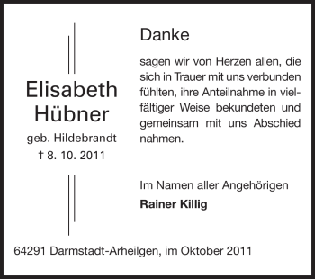 Traueranzeige von Elisabeth Hübner von Echo-Zeitungen (Gesamtausgabe)