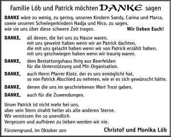 Traueranzeige von Patrick Löb von Odenwälder Echo