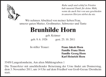 Traueranzeige von Brunhilde Horn von Rüsselsheimer Echo, Groß-Gerauer-Echo, Ried Echo