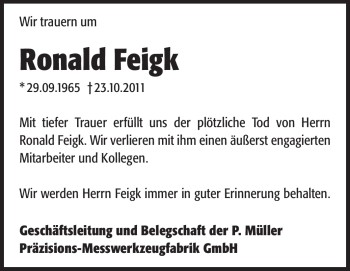 Traueranzeige von Roland Feigk von Echo-Zeitungen (Gesamtausgabe)