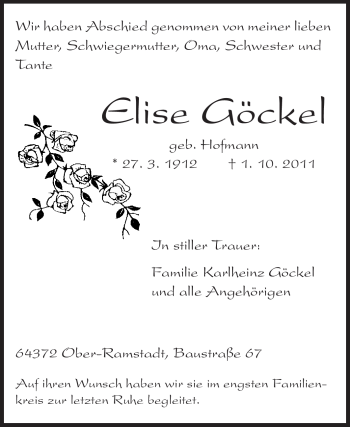 Traueranzeige von Elise Göckel von Darmstädter Echo, Odenwälder Echo, Rüsselsheimer Echo, Groß-Gerauer-Echo, Ried Echo