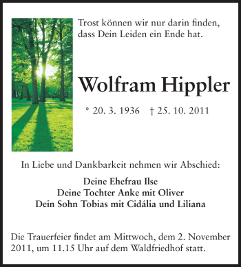 Traueranzeige von Wolfram Hippler von Echo-Zeitungen (Gesamtausgabe)
