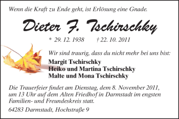 Traueranzeige von Dieter Tschirschky von Darmstädter Echo, Odenwälder Echo, Rüsselsheimer Echo, Groß-Gerauer-Echo, Ried Echo