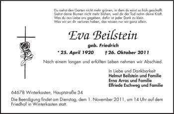 Traueranzeige von Eva Beilstein von Odenwälder Echo
