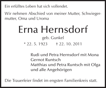 Traueranzeige von Erna Hernsdorf von Echo-Zeitungen (Gesamtausgabe)